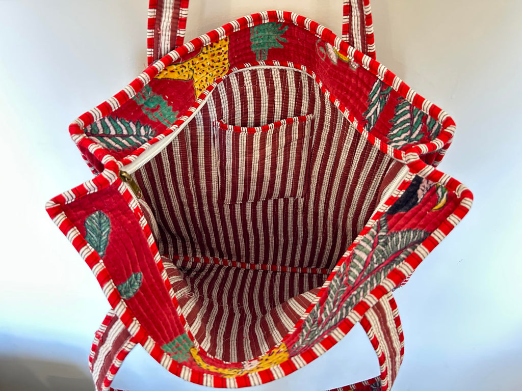 Vaishnav Exports Red Jungle Print Quilted Cotton Tote Bag for Women | Handcrafted Wildlife-Themed Shoulder Bag | Eco-Friendly Reusable Carryall for Travel, Grocery, Beach & Daily Use
