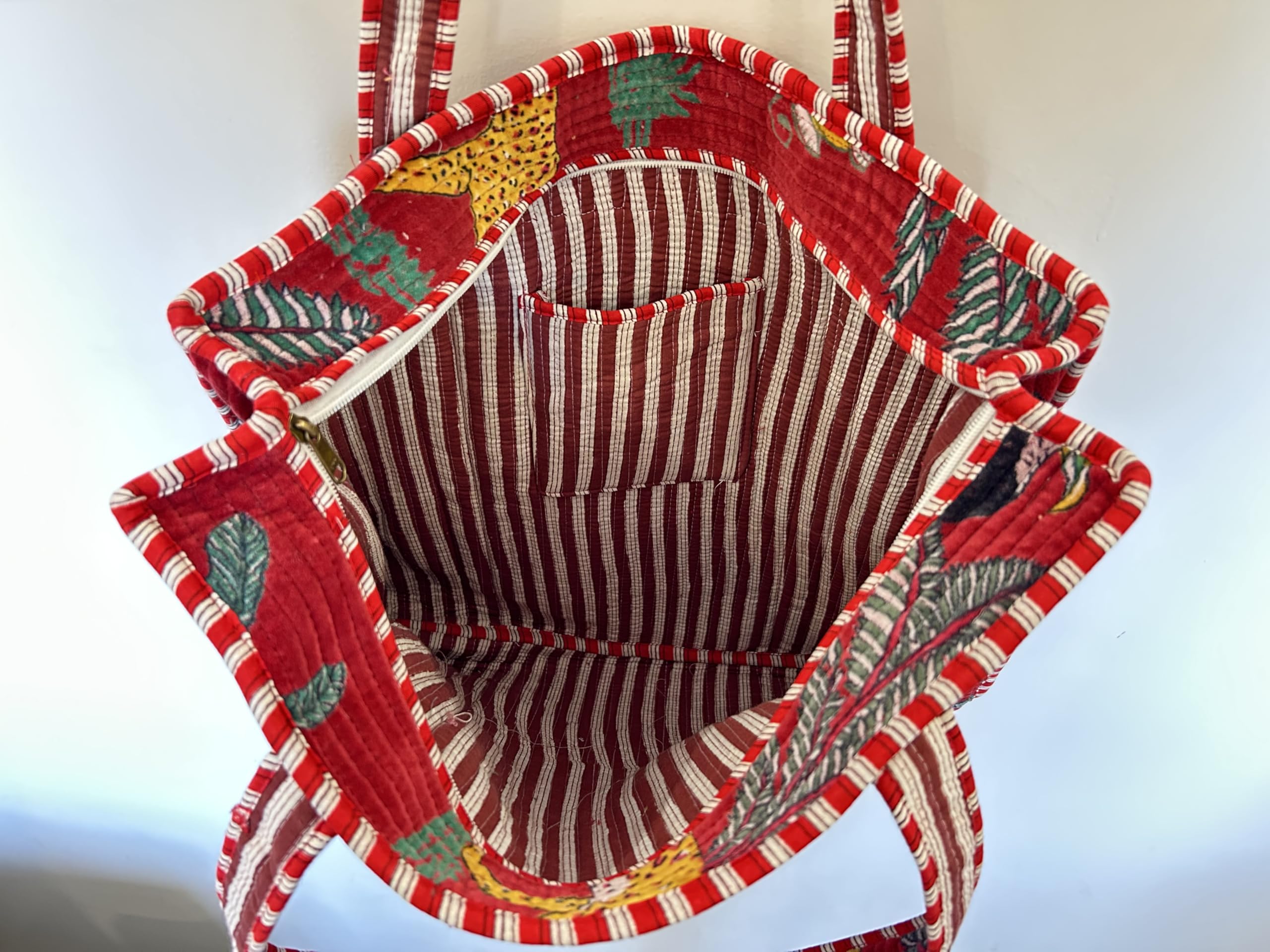 Vaishnav Exports Red Jungle Print Quilted Cotton Tote Bag for Women | Handcrafted Wildlife-Themed Shoulder Bag | Eco-Friendly Reusable Carryall for Travel, Grocery, Beach & Daily Use