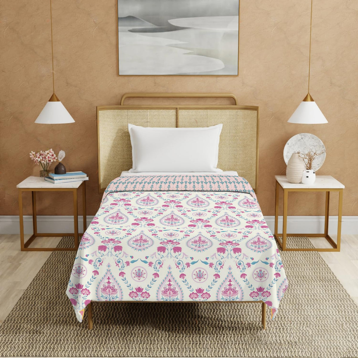 Urban Space 100% Cotton Malmal Single Bed Dohar, All Season Reversible Blanket, Soft, Lightweight and Breathable Ac Dohar/Quilt/Blanket/for Bed, Sofa AC Blanket (58 x 95 inch, Persian Courtyard Pink) Kafalo