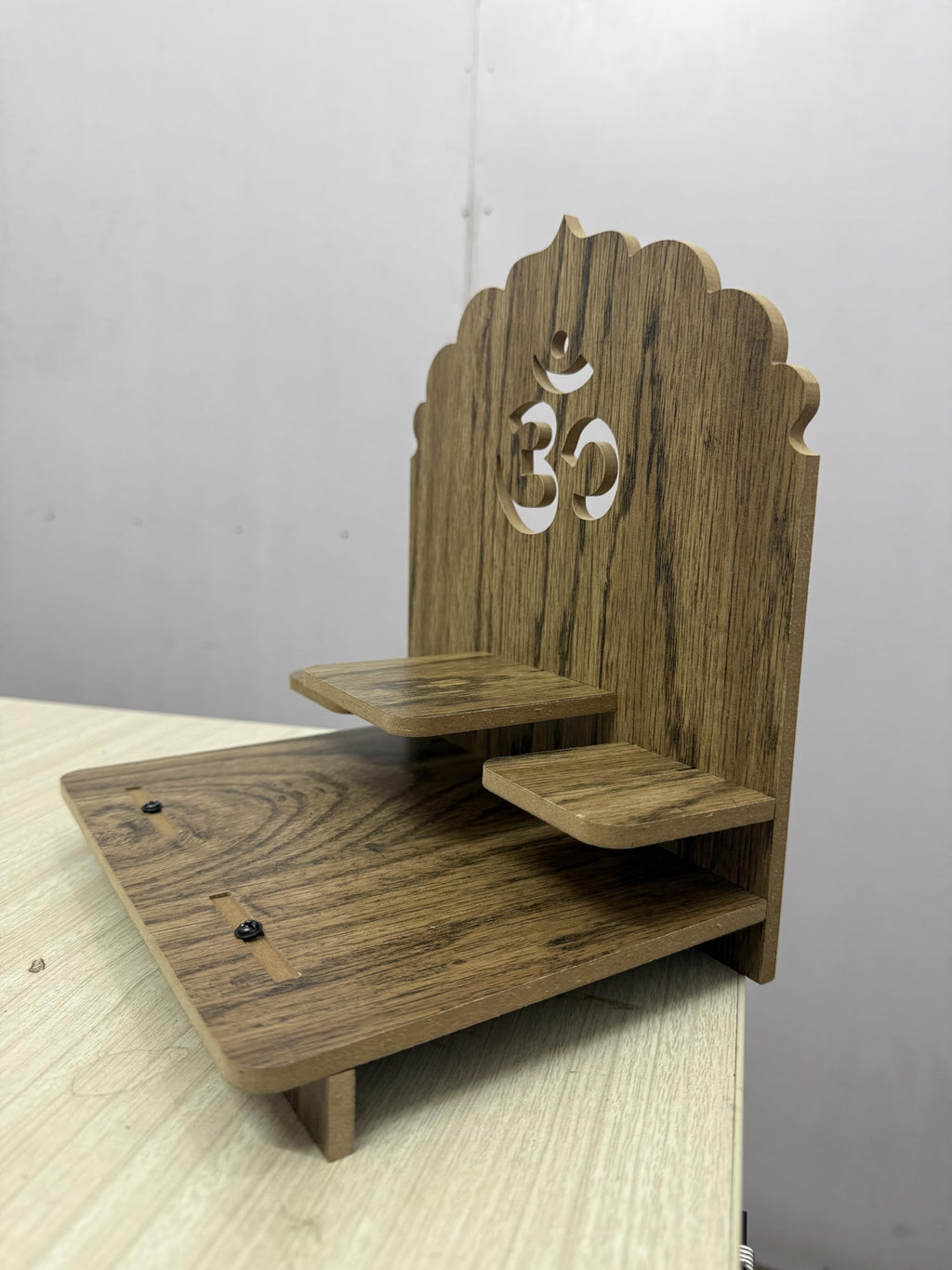 EXPRO Wooden Pooja Stand for Home & Office | Engineered Wood Singhasan for Idols | Wall Mounted & Tabletop Pooja Mandir with OM Design | DIY Small Temple for Living Room & Office (Oak)