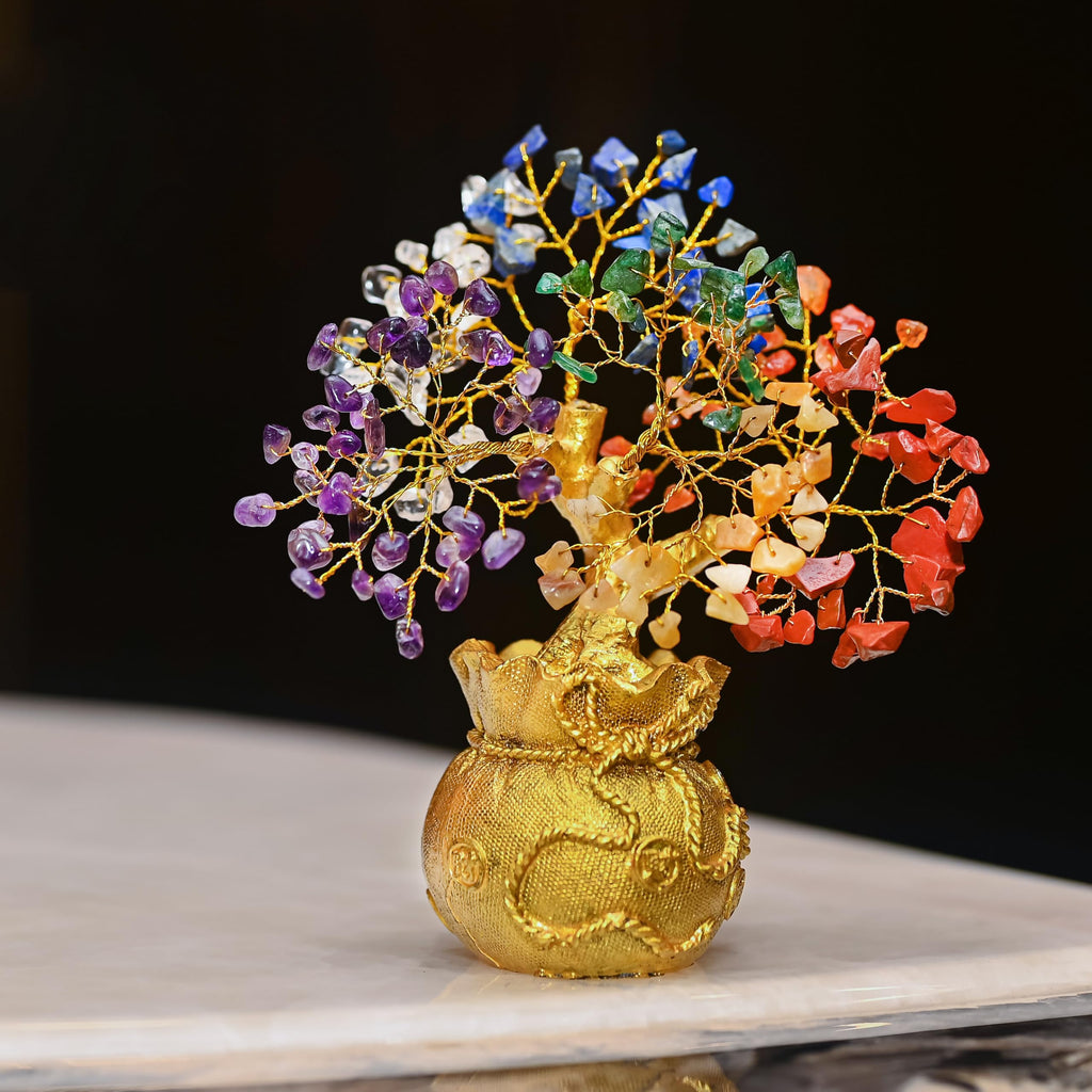 Crocon 7 Chakra Crystal Bonsai Tree with Golden Money Bag Base – Healing Gemstone Tree for Wealth, Prosperity & Positive Energy – Feng Shui Good Luck Home Decor & Rakhi Gift (7x3 Inch)