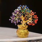 Crocon 7 Chakra Crystal Bonsai Tree with Golden Money Bag Base – Healing Gemstone Tree for Wealth, Prosperity & Positive Energy – Feng Shui Good Luck Home Decor & Rakhi Gift (7x3 Inch)