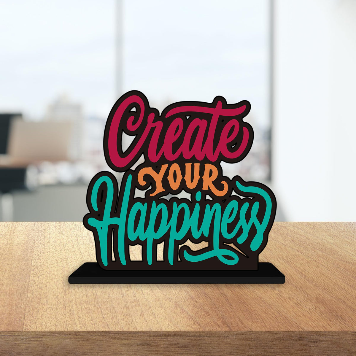Artvibes Wooden Idols and Figurine Create Your Happiness Quotes Table Decoration for Office Desk|Home Decor Item|Living Room|Modern Art Wood Alphabet Showpiece Gift Item (Sp_1141)