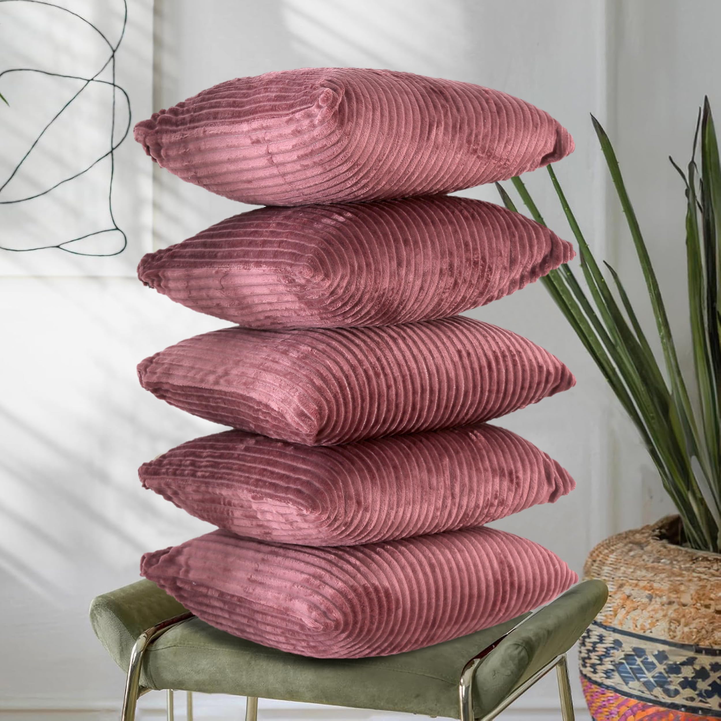 RD TREND® Cushion Cover Set of 5, Decorative Sofa Living Room Home Square Cushion Covers 24 Inch x 24 Inch, Aesthetic Corduroy Striped Double Sided (Wine,Pack of 5)