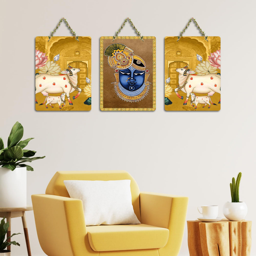 Artvibes Shrinath Ji & Cow Pichwai Art Decorative MDF Wooden Wall Art for Home Temple | Spiritual Decoration Items | Wall Art Print | Paintings For Wall | Unique Gift Items (WH_96180N), Set of 3