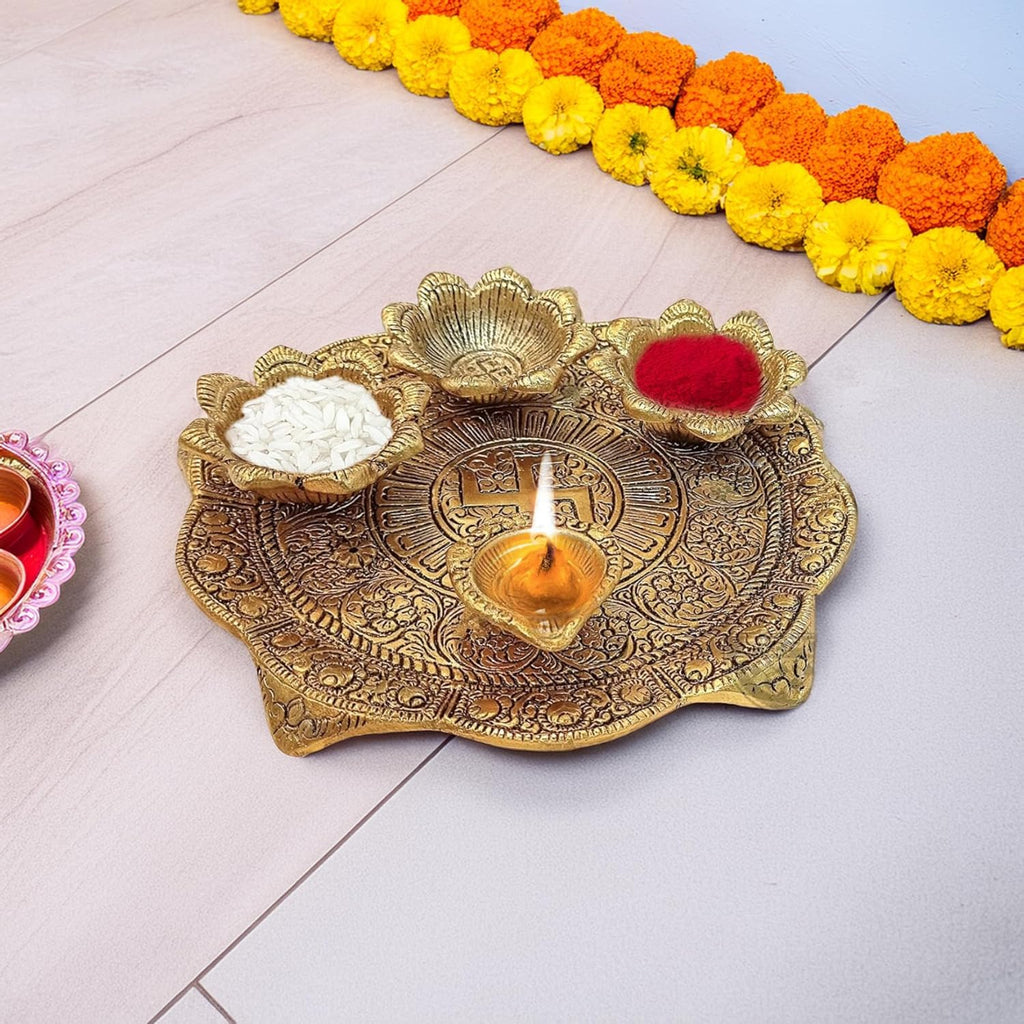 KridayKraft Metal Pooja Thali with Diya for Pooja Home/Temple/Mandir,Decorative Showpiece Pooja Thali Set for Diwali Poojan Wedding Gift Article