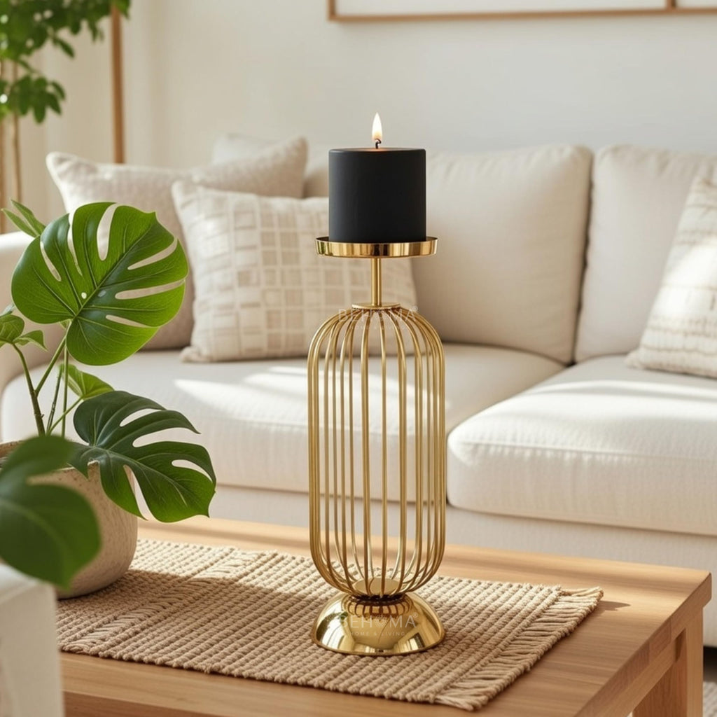 Behoma Metal Pillar Candle Holder Stand with Gold Finish - 12 Inch