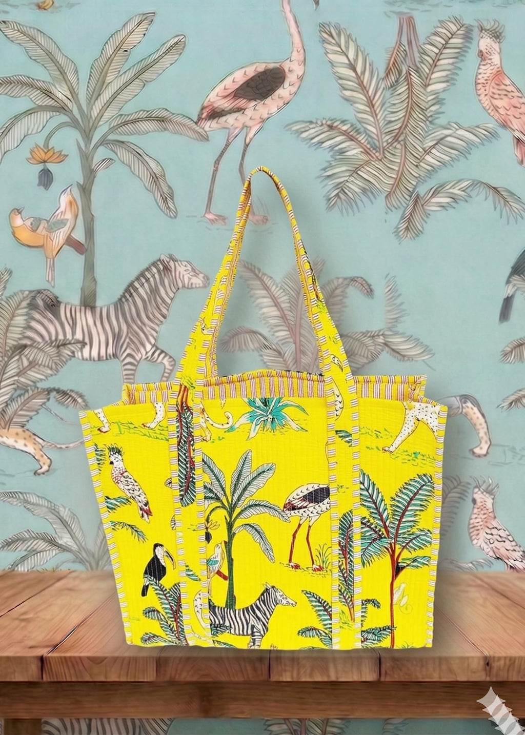 Rastogi Handicrafts Quilted Cotton Women Beautiful Printed Grocery Shopping Bag, Shoulder Bag, Tote Bag, Travel Bags, Yellow, 18X6X15 Inch