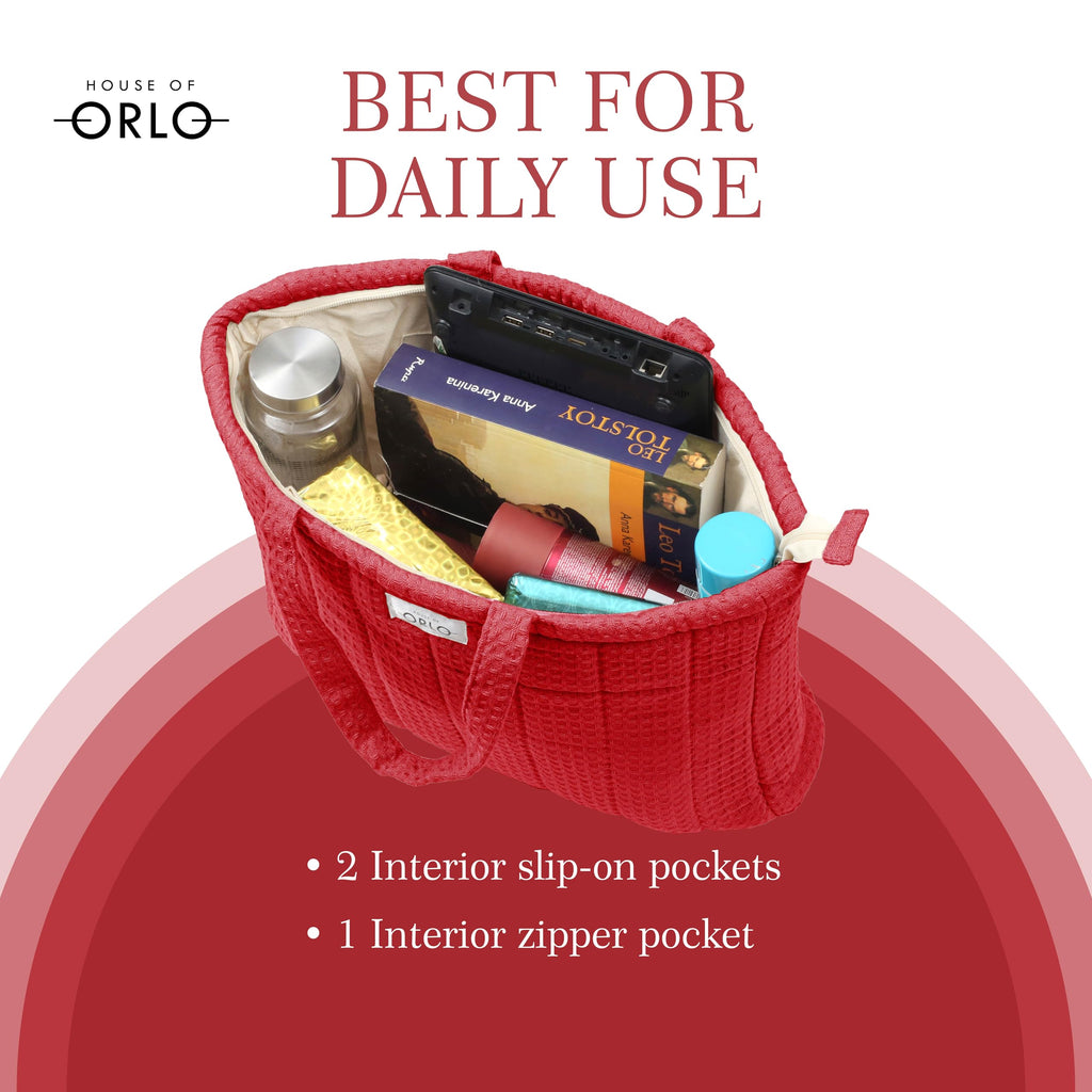 HOUSE OF ORLO Premium Cotton Waffle Quilted Tote Bag, Large Spacious Handbag for College, Office, Work, Travel, Shopping & Daily Use - Red