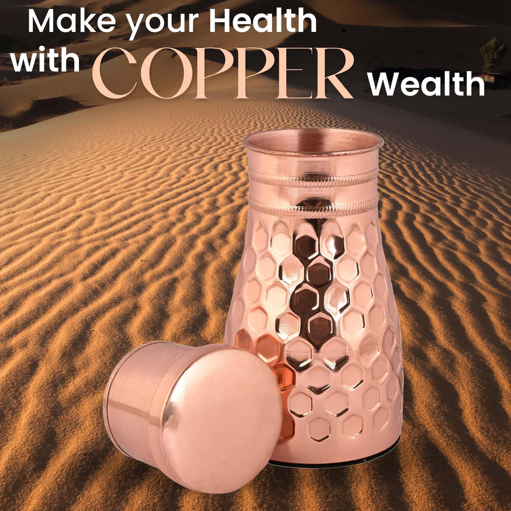 Tambra Copper Bedroom Jar with Inbuilt Glass | Diamond Design | Handcrafted, Leakproof, Jointless | Ayurvedic Benefits, Antioxidant Properties | 1200 ml (Pack of 2)