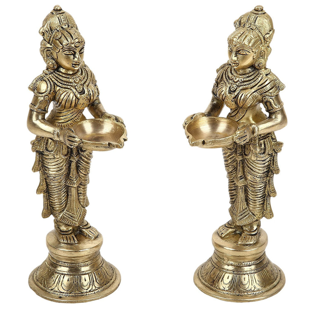 ARTVARKO Brass Metal Deep Luxmi Pair Meenakshi Devi Pair Holding Oil Diya for Pooja Mandir Temple Home Decor Diwali Deepam Dipak Gift -Height 9 Inch