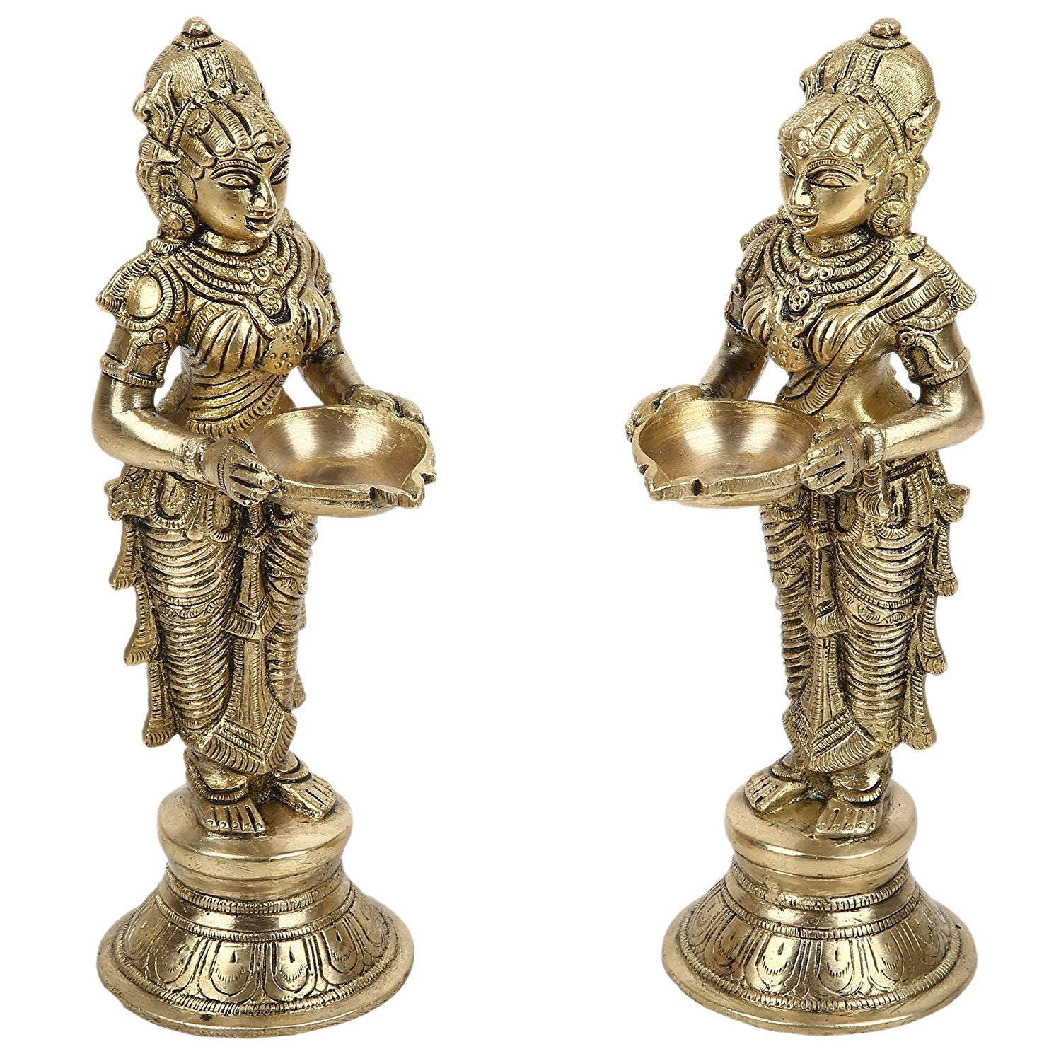 ARTVARKO Brass Metal Deep Luxmi Pair Meenakshi Devi Pair Holding Oil Diya for Pooja Mandir Temple Home Decor Diwali Deepam Dipak Gift -Height 9 Inch