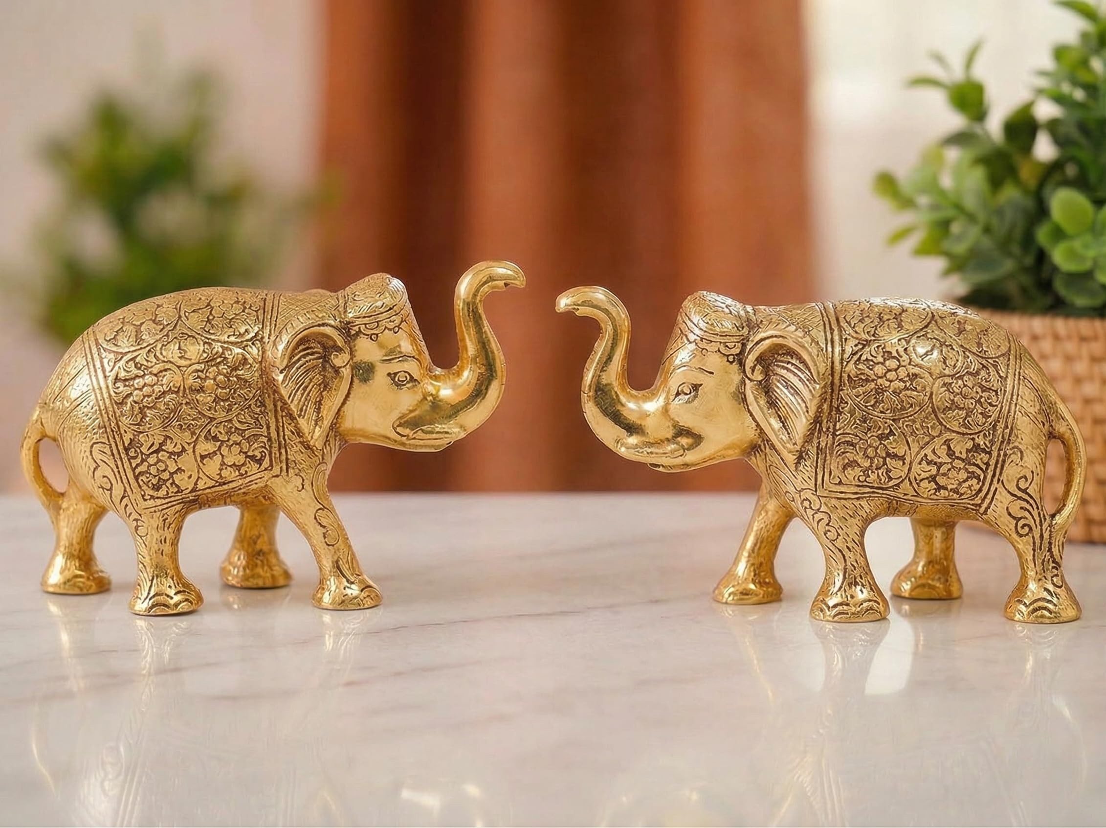 KridayKraft Metal Elephant Statue Small Size Gold Polish 2 pcs Set for Your Home,Office Table Decorative & Gift Article,Animal Showpiece Figurines...