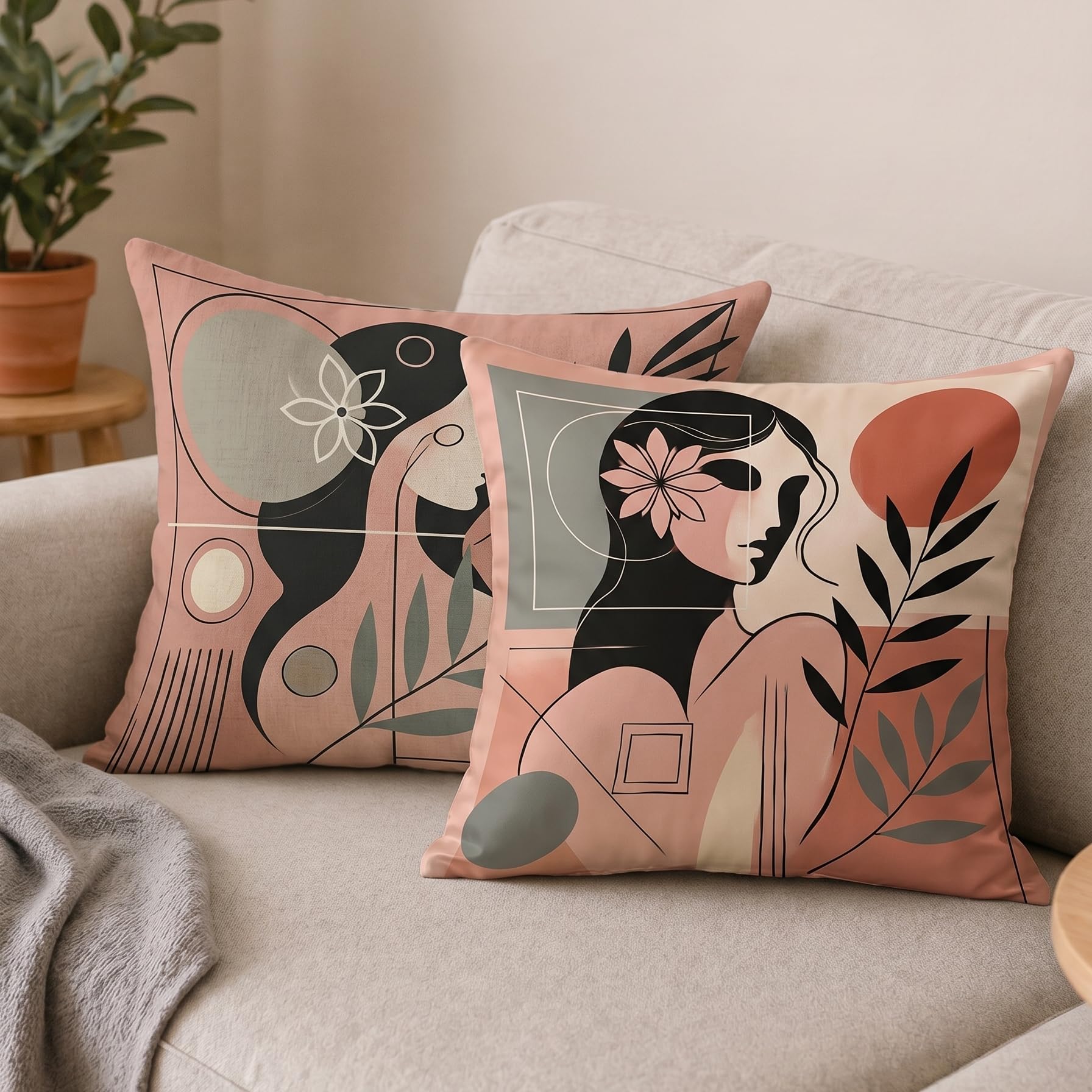 STITCHNEST Satin Cushion Covers Abstract Woman Art Print, 24x24 Inch, Modern Aesthetic Cushion Cover for Living Room (Pack of 2)
