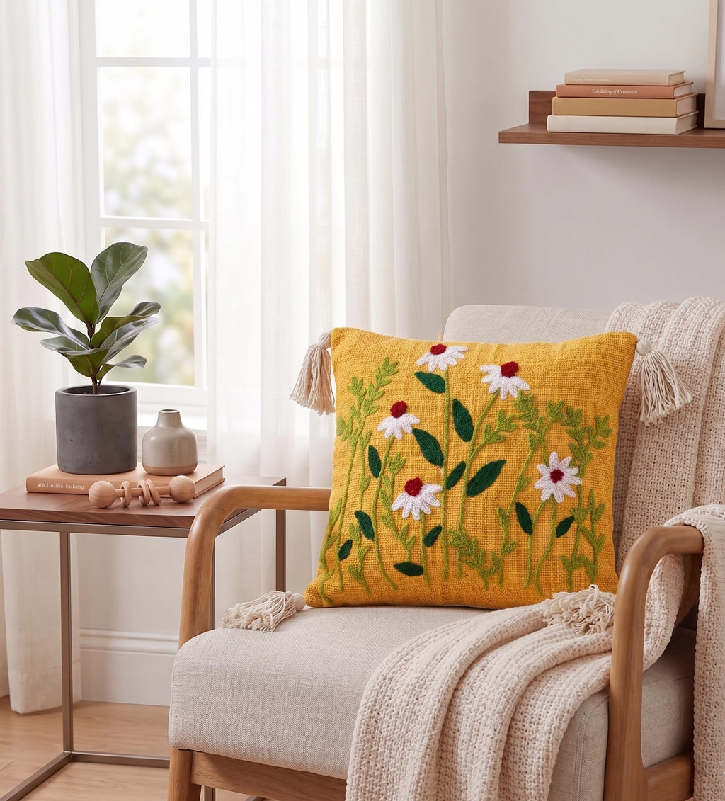 Furnistitchs Handmade Tufted Boho Cushion Covers 12x12 Inches | Embroidered Sofa Pillow Cases | Rustic Bohemian Decorative Throw Cushions for Couch Bedroom Living Room (2, Yellow Floral Cuts)