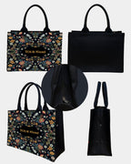 Royal Charm Voguish Customized Tote Bag | HD Printed Floral Black Tote | Personalized Name Tote | Large 16x11x5 Inch Shoulder Bag | Gift for Women