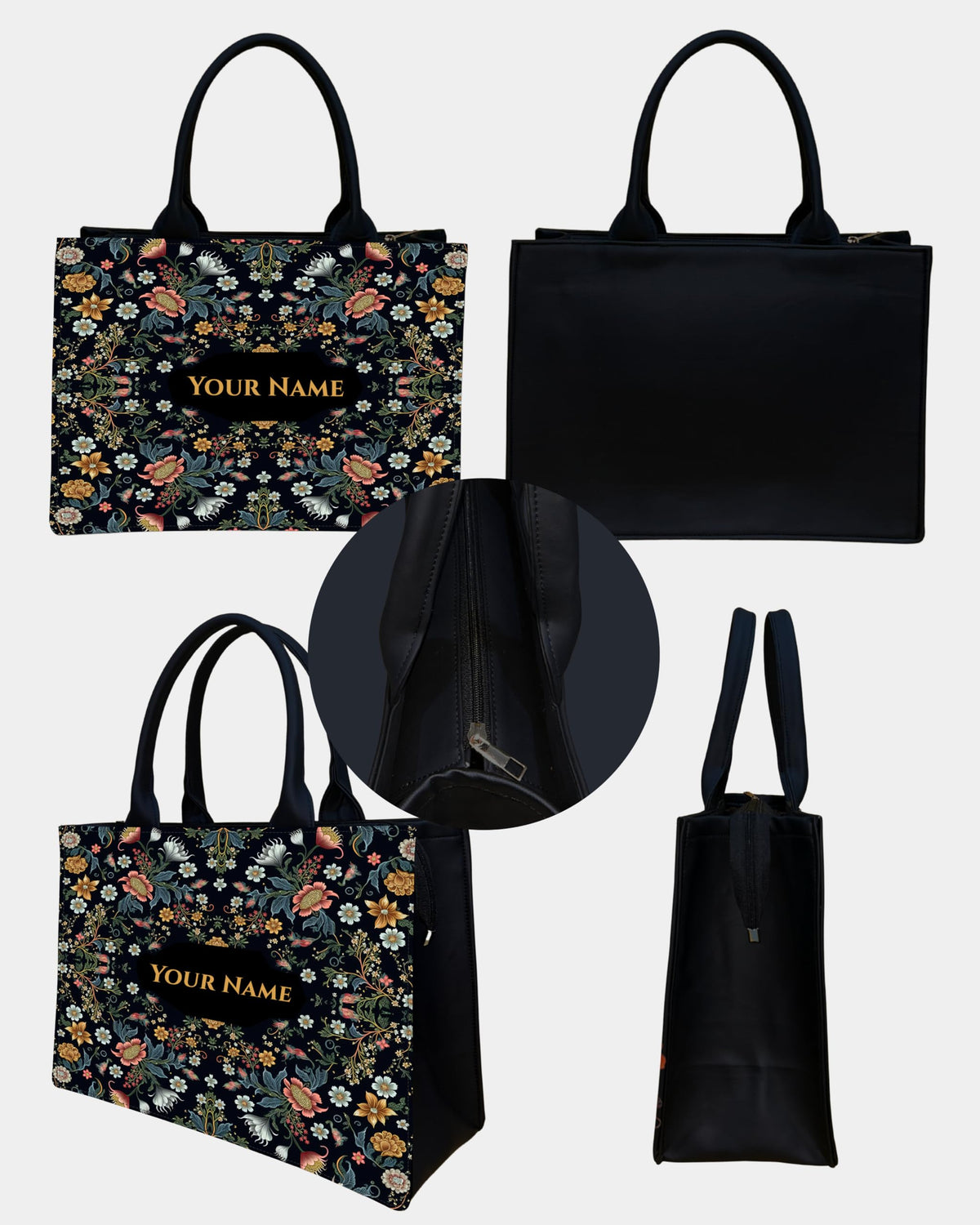 Royal Charm Voguish Customized Tote Bag | HD Printed Floral Black Tote | Personalized Name Tote | Large 16x11x5 Inch Shoulder Bag | Gift for Women