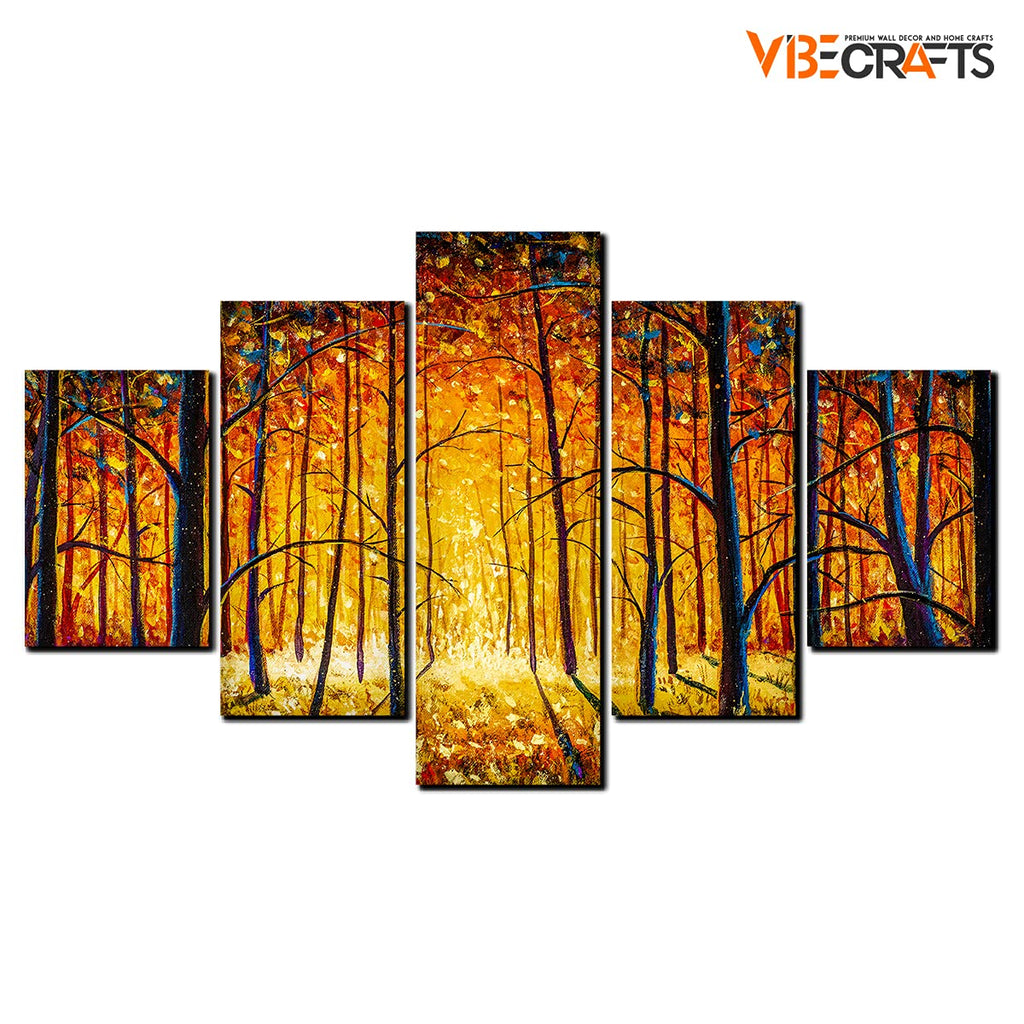 VIBECRAFTS Premium 5 Pieces Wall Painting of Sunny Tree Forest For Home|Office|Living Room|Gift (PTVC5Pcs1_5501)