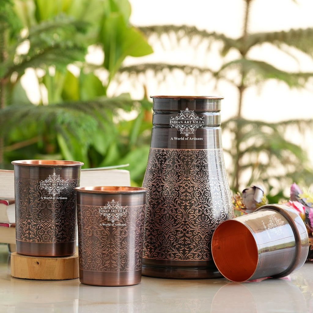 INDIAN ART VILLA Copper Bedroom Bottle & Glass Set, Antique Dark Finish, Embossed Design, Drinkware Gift Set, 1000 ml