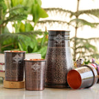 INDIAN ART VILLA Copper Bedroom Bottle & Glass Set, Antique Dark Finish, Embossed Design, Drinkware Gift Set, 1000 ml