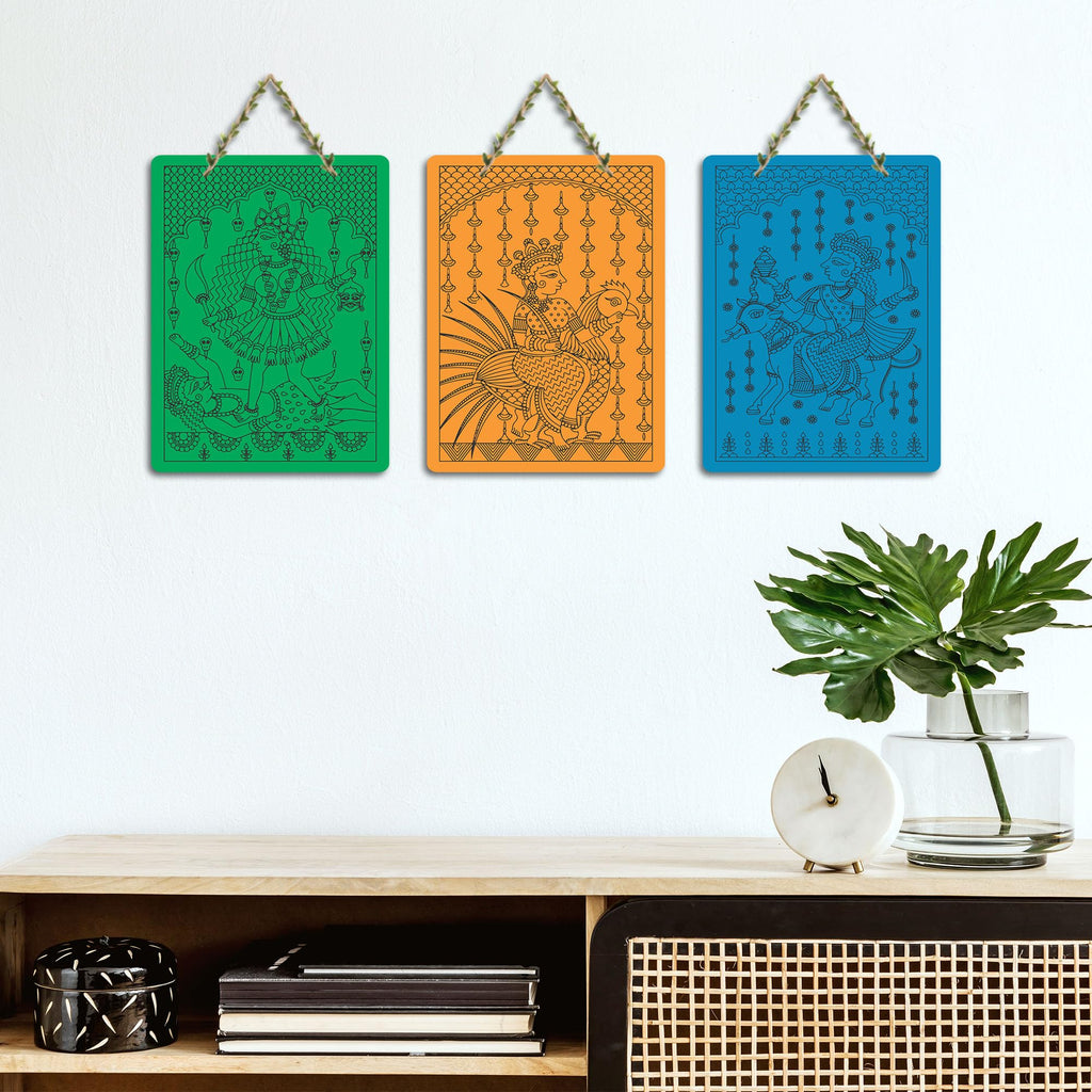 Artvibes Mytholgical Gods Kalamkari Art Wall Hanging Home Decorative Wall Art for Living room | Spiritual Decor Items | Wall Poster| Stylish Modern Decor Item | Gift Items (WH_96163N), Set of 3
