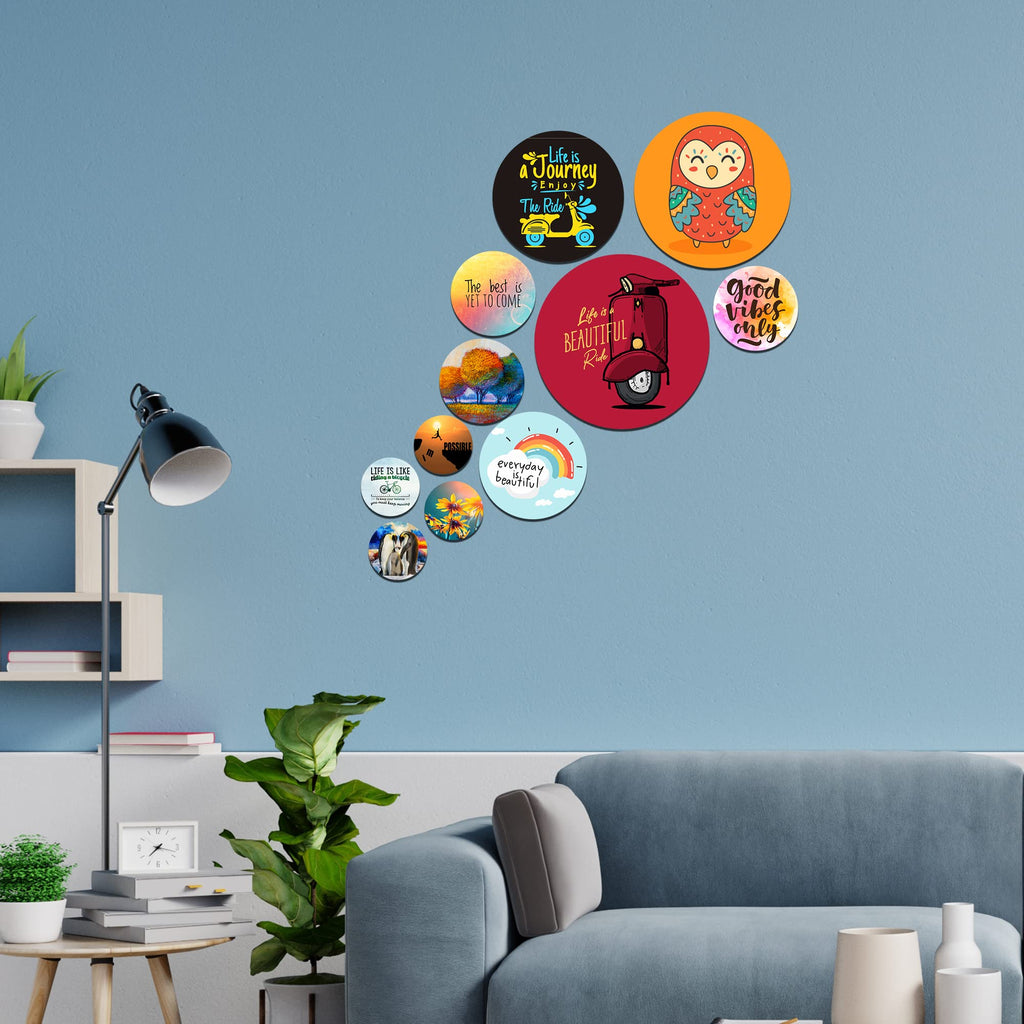 Artvibes Life Is A Journey Enjoy The Ride Decorative Round Shape MDF Wooden Wall Hanging | Quotes Decor Item | Traveller Quotes Wall Art | Wall Illustrations | Home Decor(WPS_112N), Set of 11