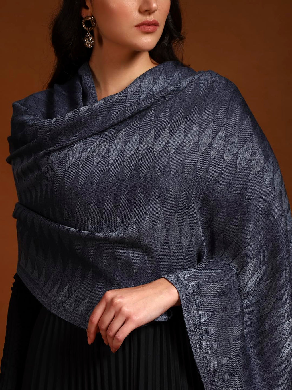 Pashmoda Women 100% Pure Wool Ikat Checkered Stole, Scarf, Wrap, Sustainable and Natural Fabric, Luxury Heritage Pashmina Gift, Evening Stole (Size 28x80 Inches, Blue 2) CHST05