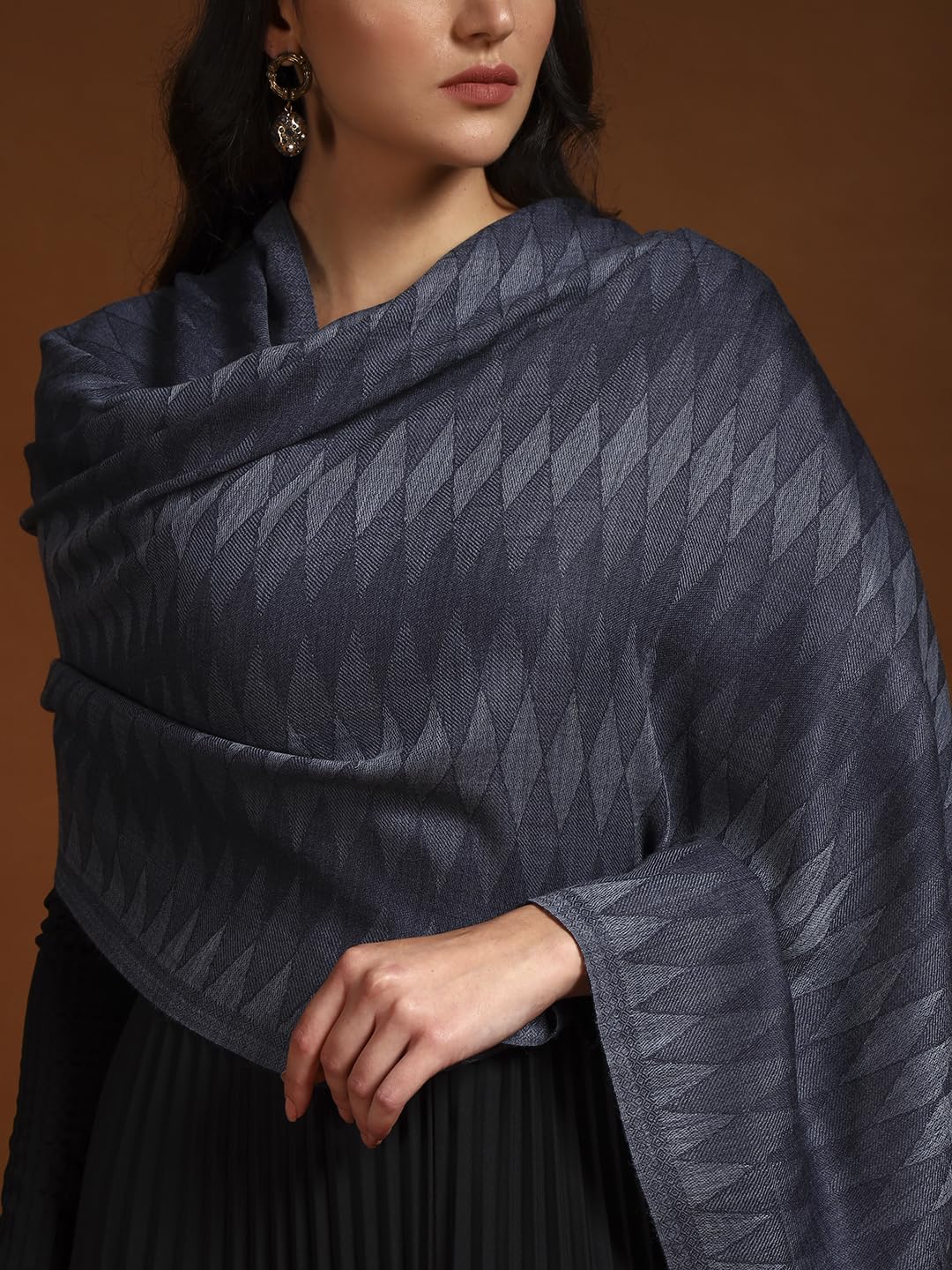 Pashmoda Women 100% Pure Wool Ikat Checkered Stole, Scarf, Wrap, Sustainable and Natural Fabric, Luxury Heritage Pashmina Gift, Evening Stole (Size 28x80 Inches, Blue 2) CHST05