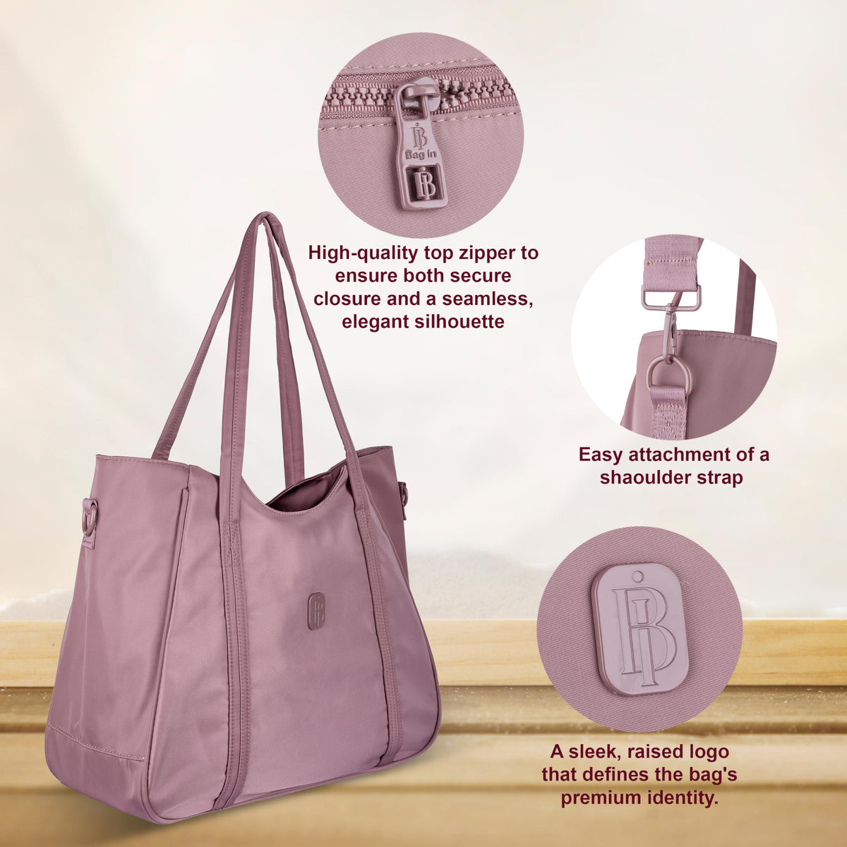Women’s Tote Bag with Zipper & Adjustable Shoulder Strap – Lightweight Large Handbag for Work, Travel & Daily Use (PINK)
