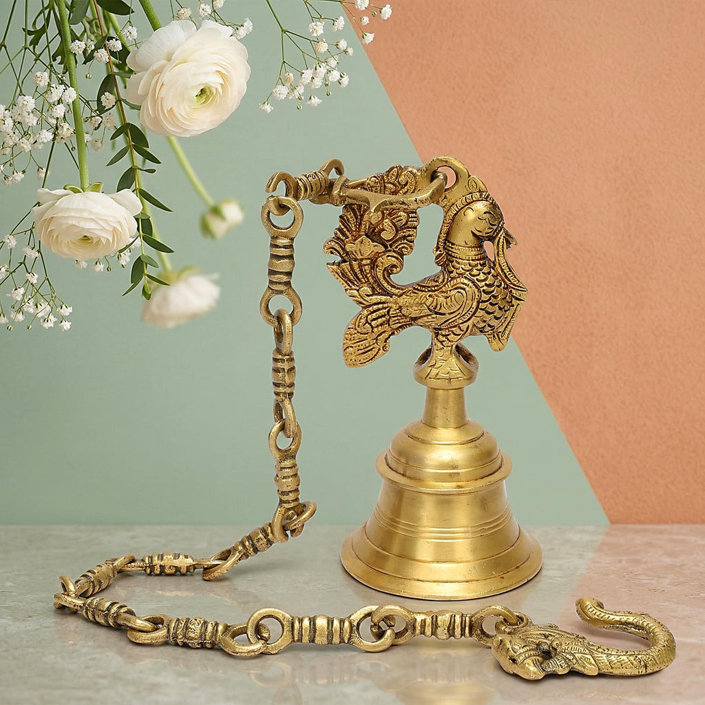 ARTVARKO Pure Brass Peacock Design Hanging Bell with Chain for Home Décor,Temple & Pooja Mandir (3.5x7 Inches with Chain 24 Inch)