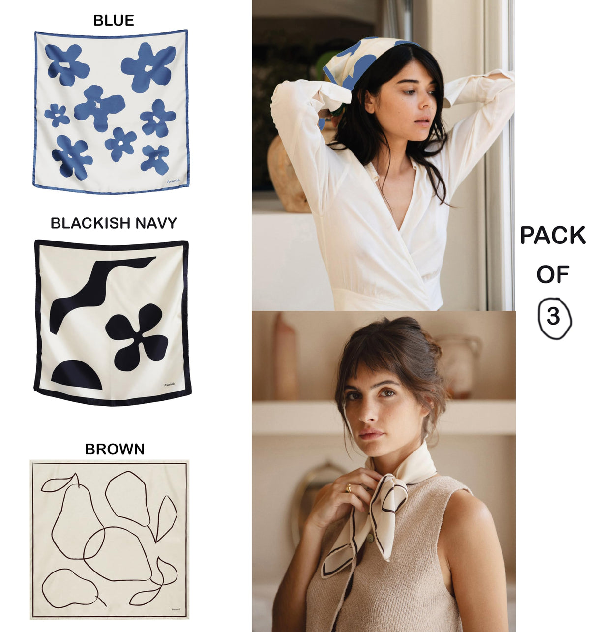NK Textiles Women's Floral Geometric Drawing Printed Square New York Style Satin Head Scarf - Neck Scarf (22x22) (3-Piece Set)