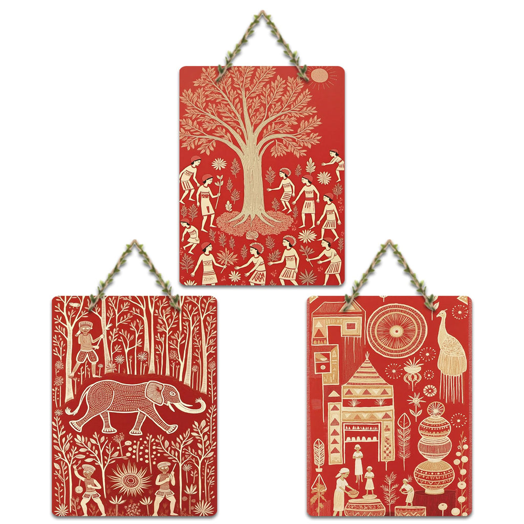 Artvibes Traditional Cultural Wall Art Decorative MDF Wooden Wall Art for Home | Handcrafted Art | Festive Decor | Wall Art Print | Paintings For Wall | Unique Gift Items (WH_96122N), Set of 3