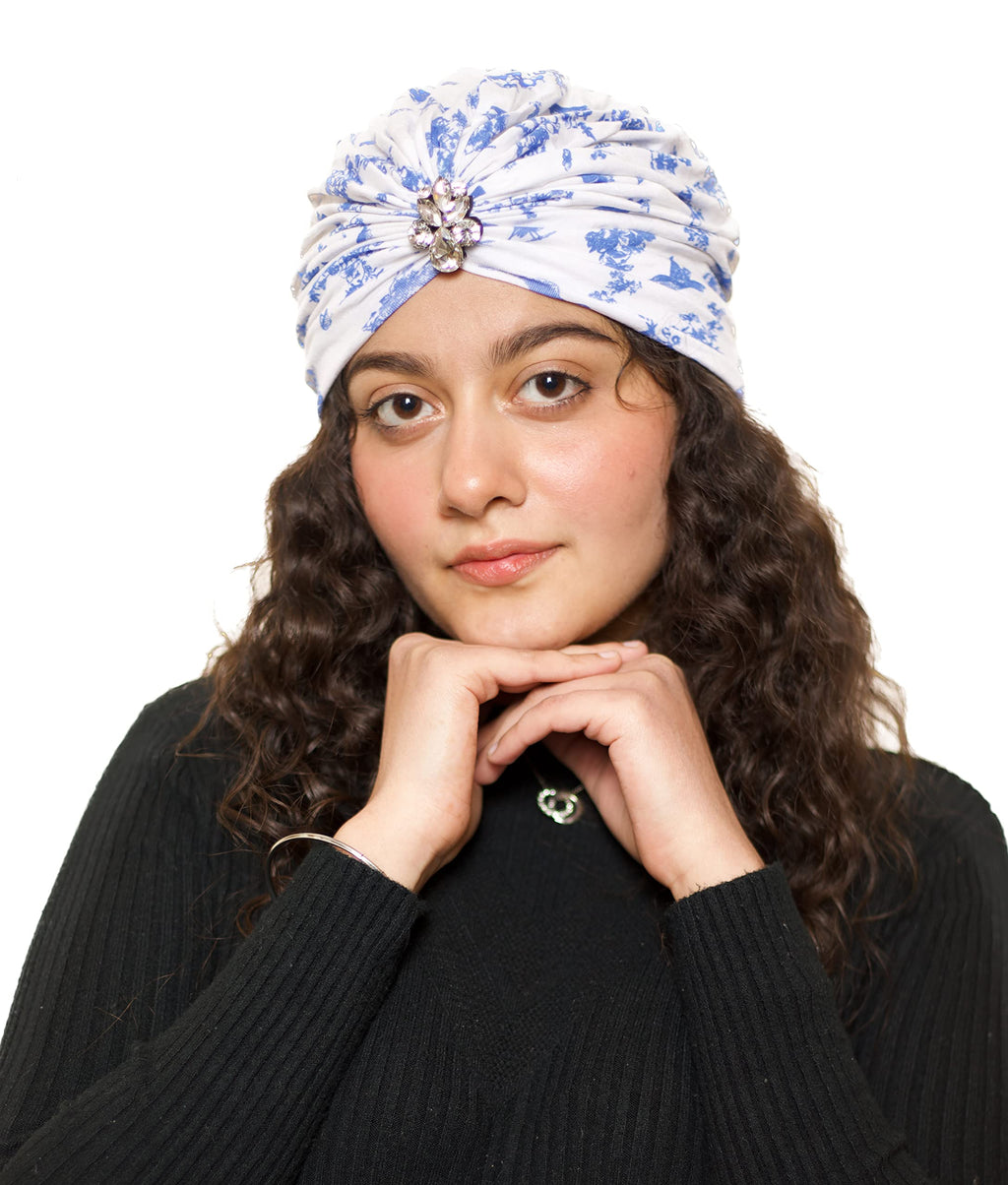 The Headscarves Beautiful Printed Bamboo Viscose Headscarf with Brooch – Stylish Chemo Headwear for Women, Hijab Head Wrap, Cancer Turban Scarf, Breathable Head Cover for Hair Loss Blue