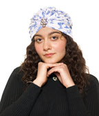 The Headscarves Beautiful Printed Bamboo Viscose Headscarf with Brooch – Stylish Chemo Headwear for Women, Hijab Head Wrap, Cancer Turban Scarf, Breathable Head Cover for Hair Loss Blue