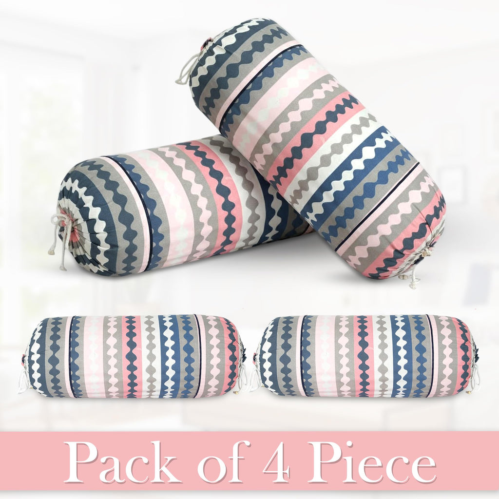 GLUN® Pack of 4 Zig Zag Multicolour Round Striped Bolster Pillow Covers, Size 16 inch x 30 inch (40 x 75 cm, Cream) Printed Polyester Silk Fabric for Living Room or Bedroom, Stylish & Modern Covers