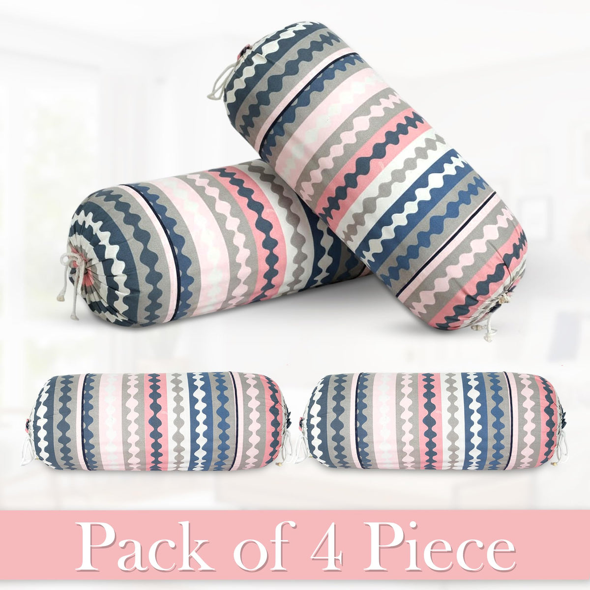 GLUN® Pack of 4 Zig Zag Multicolour Round Striped Bolster Pillow Covers, Size 16 inch x 30 inch (40 x 75 cm, Cream) Printed Polyester Silk Fabric for Living Room or Bedroom, Stylish & Modern Covers