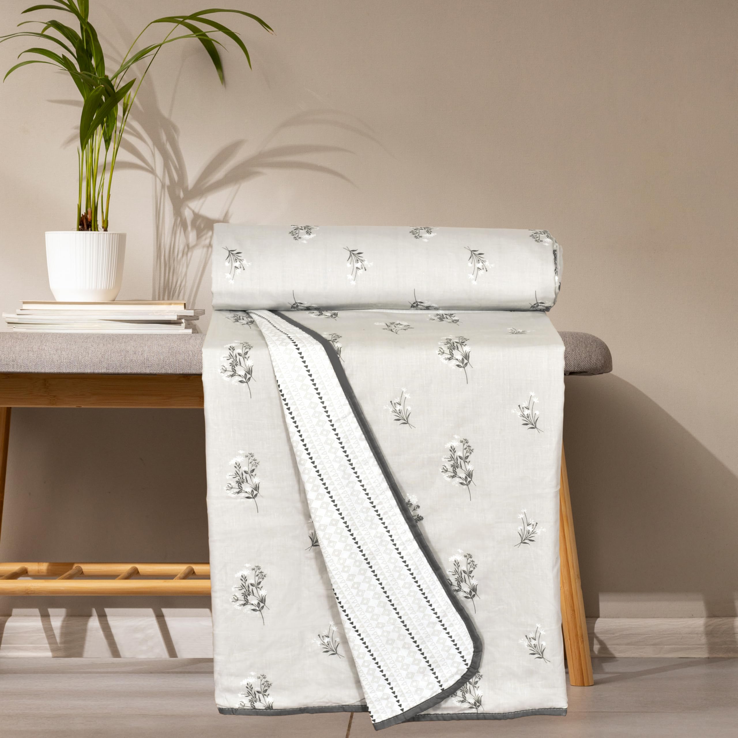 Danip 100% Cotton Reversible AC Dohar Blanket, Throw - Printed Soft, Skin-Friendly, Lightweight & Ideal for All-Weather - 3 Layered Single Bed Dohar for AC Rooms (56 x 88 Inches) - LGrey & Geometry Kafalo