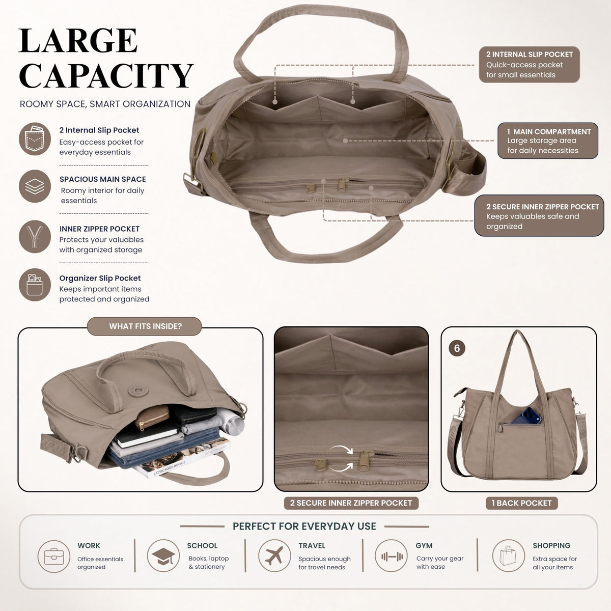 12o12 Women's Large Tote Bag for Office, Travel, Shopping, Daily Use | Shoulder Handbag, Gift for Girls, Stylish Ladies Purse | Fits Upto 15.6 Laptop, A4 Files etc. (Taupe)
