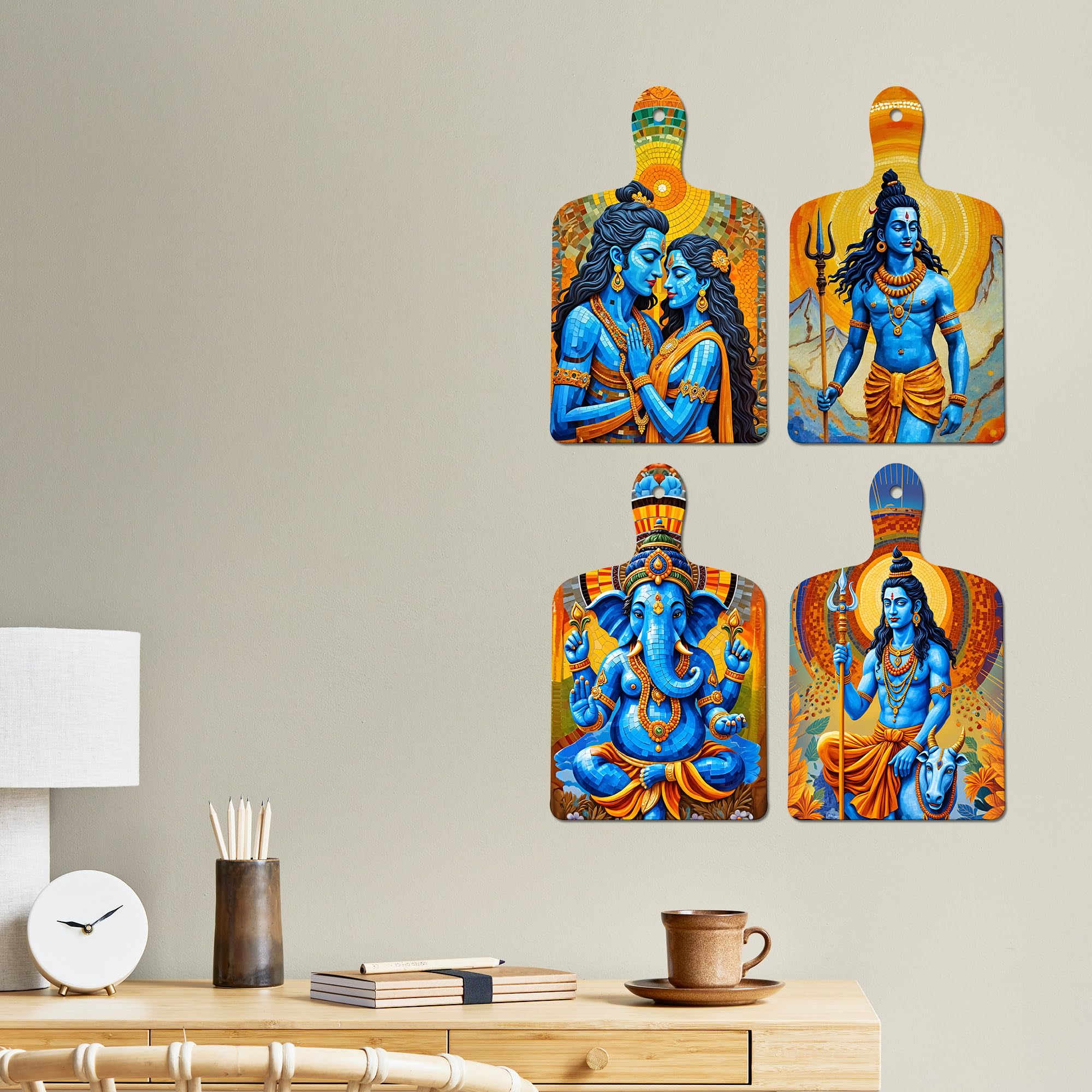 Artvibes Lord Shiva Maa Parvati & Ganesh Devotional Art Auspicious Wooden Art Work Wall Hanging | Spiritual Decor Items | Vastu Paintings | Wall Illustrations | Gift Items (WH_5661N), Set of 4