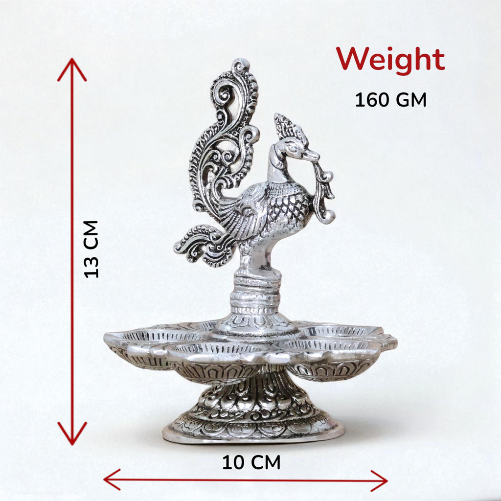 Traditional Silver-Plated Peacock Pooja Thali, 5-Compartment Diya Stand with Ornate Design