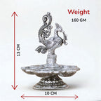 Traditional Silver-Plated Peacock Pooja Thali, 5-Compartment Diya Stand with Ornate Design