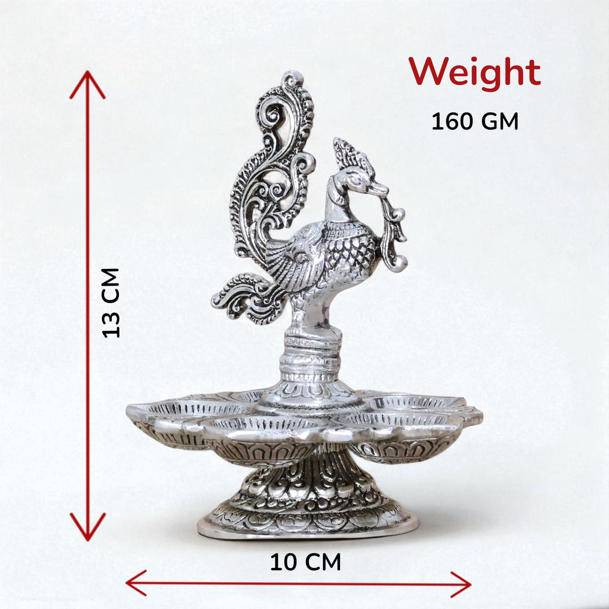 Traditional Silver-Plated Peacock Pooja Thali, 5-Compartment Diya Stand with Ornate Design