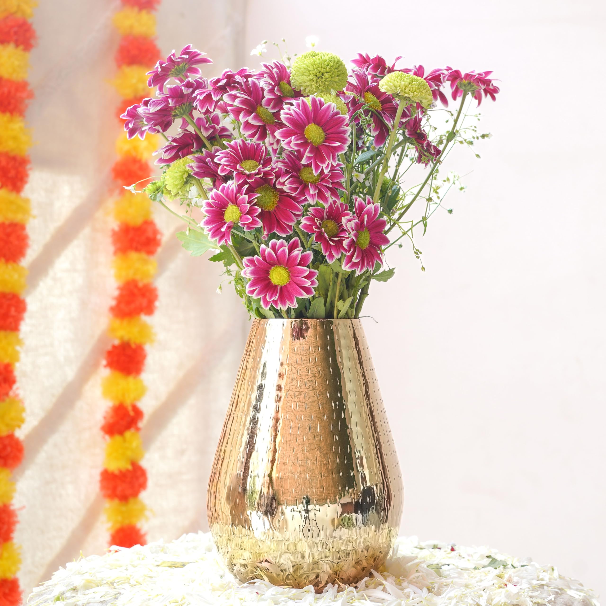 BEHOMA Drop Shape Metal Hammered Flower Vase, Golden - 1Pcs