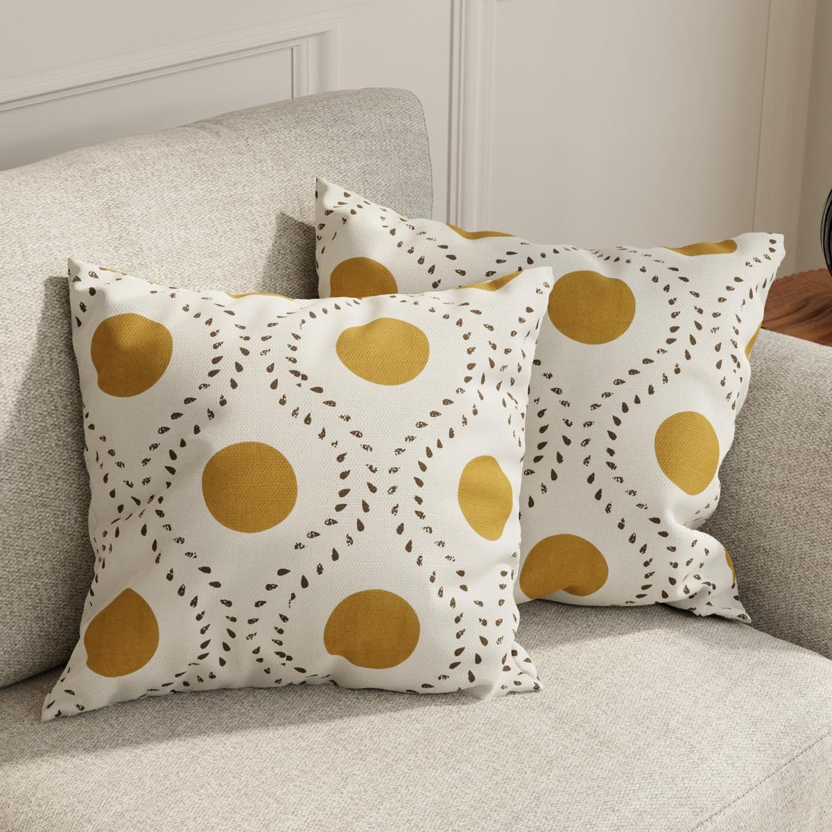 HUESLAND Premium Cotton Cushion Cover 16 inch x 16 inch | Decorative Square Throw Pillow Covers Set for Sofa, Living Room & Bedroom | Set of 2 | Natural, Golden Ochre & Bistre