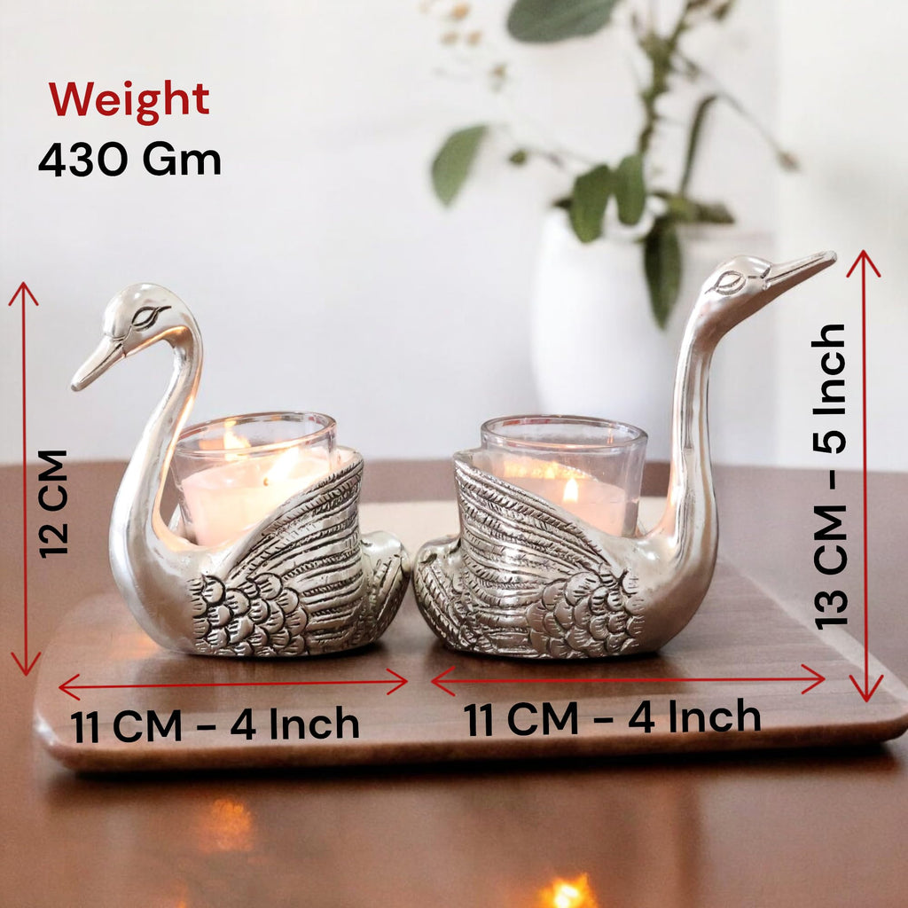 KridayKraft Aluminium Pair of Swans for Good Luck and Love | Candle Holder for Home Decor Tabletop | Showpiece for Gifting Anniversary Valentine's Day (Votive Candle Holders)
