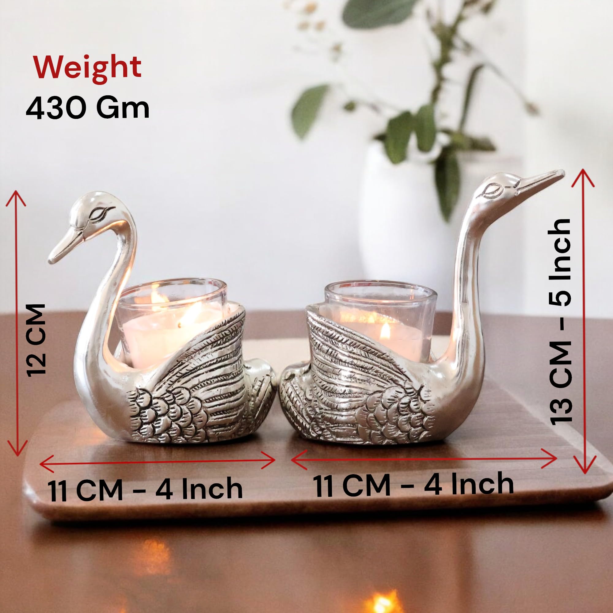 KridayKraft Aluminium Pair of Swans for Good Luck and Love | Candle Holder for Home Decor Tabletop | Showpiece for Gifting Anniversary Valentine's Day (Votive Candle Holders)
