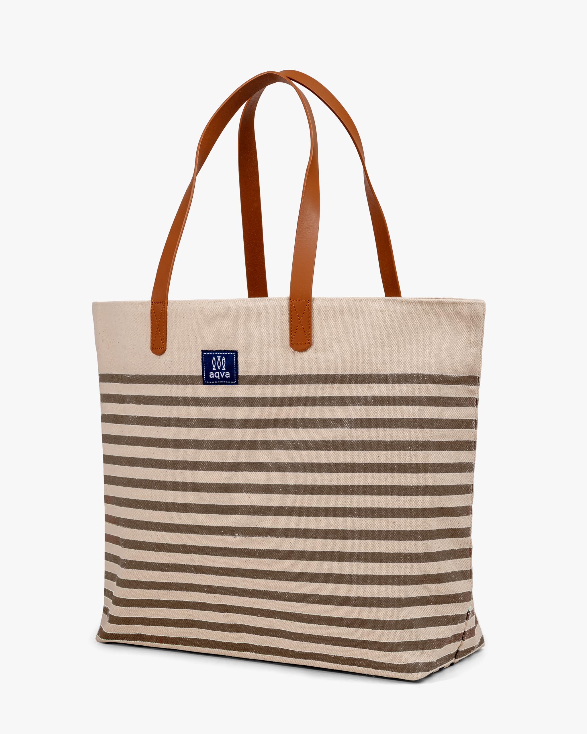 AQVA Striped Cotton Canvas Tote Bag for Women | Large Capacity | Stylish Multipurpose Shoulder Bag with Zipper and Inner Pockets | Hand Bag for Laptop, Office, Shopping, & Travel (Kraft)