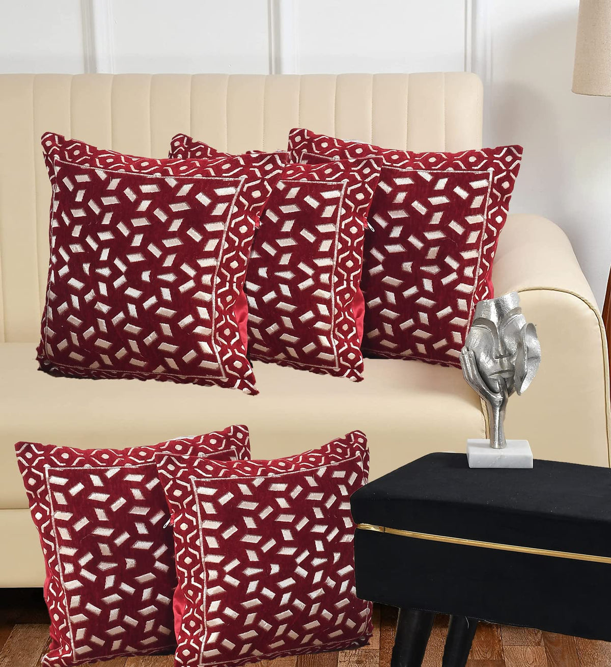 DECOMIZER Jacquard Geomteric Cushion Covers 24 Inch X 24 Inch Set Of 5 Ethnic Motifs 240 TC Cushion Covers,Design- Bricks,Color- Maroon