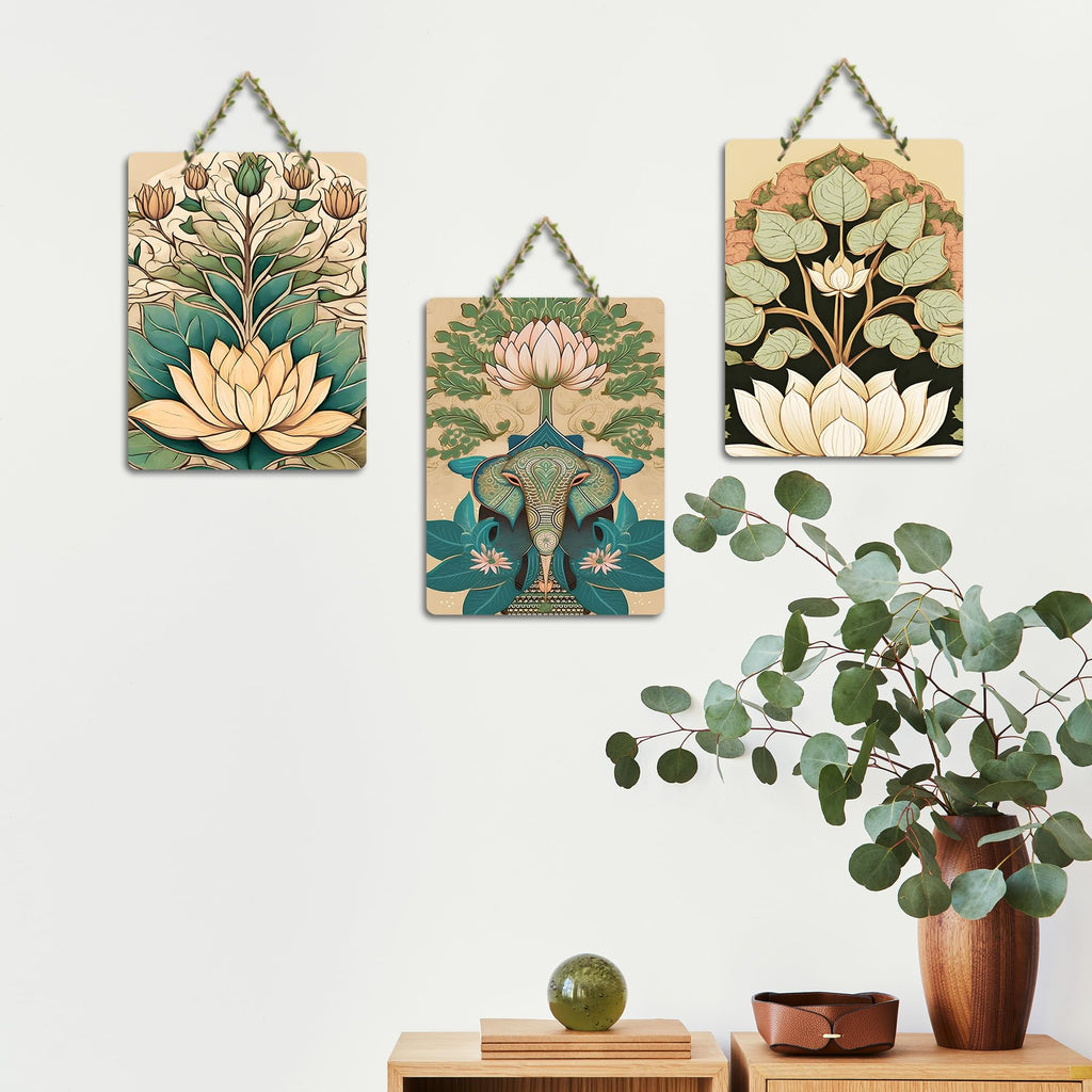 Artvibes Sacred Elephant & Artistic Lotus Modern Art Wooden Art Decoration Item for Living Room | Aesthetic Decor | Graphic Artwork | Wall Poster | Sceneries | Unique Gift Items (WH_96188N), Set of 3