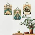 Artvibes Sacred Elephant & Artistic Lotus Modern Art Wooden Art Decoration Item for Living Room | Aesthetic Decor | Graphic Artwork | Wall Poster | Sceneries | Unique Gift Items (WH_96188N), Set of 3